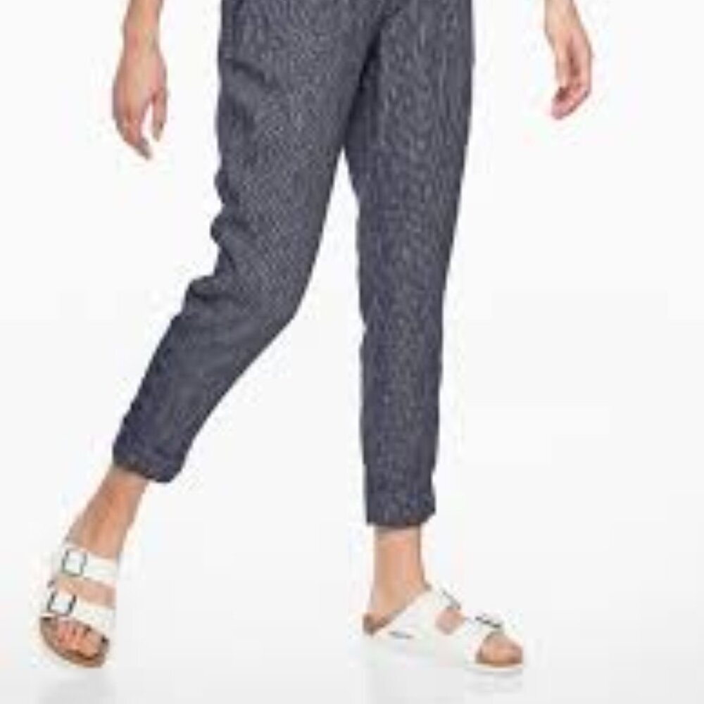 Athleta Bali Linen Jogger Pants Navy Blue Stripe Size 8 | Lightweight Drawstring